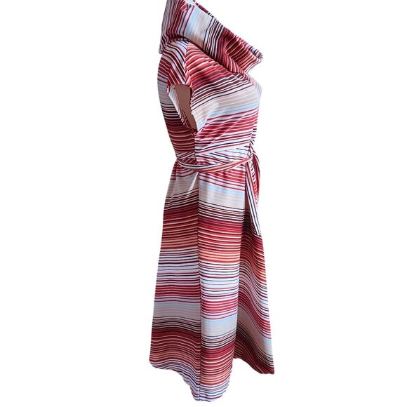 Vintage Women's Dress Small Boho 1970's Stripe Cowl Neck Knee-Length Belted - Picture 3 of 6